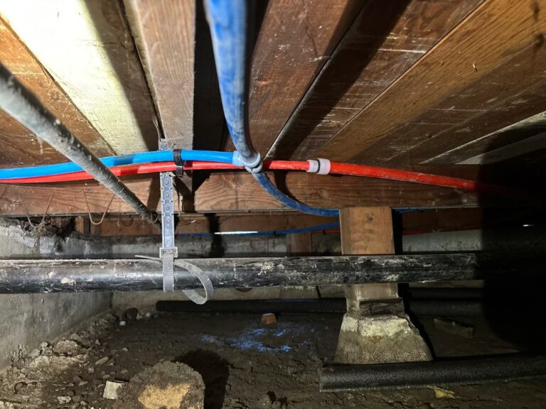 Basement crawl space showing red and blue water pipes strapped to wooden joists in a dusty, unfinished area.